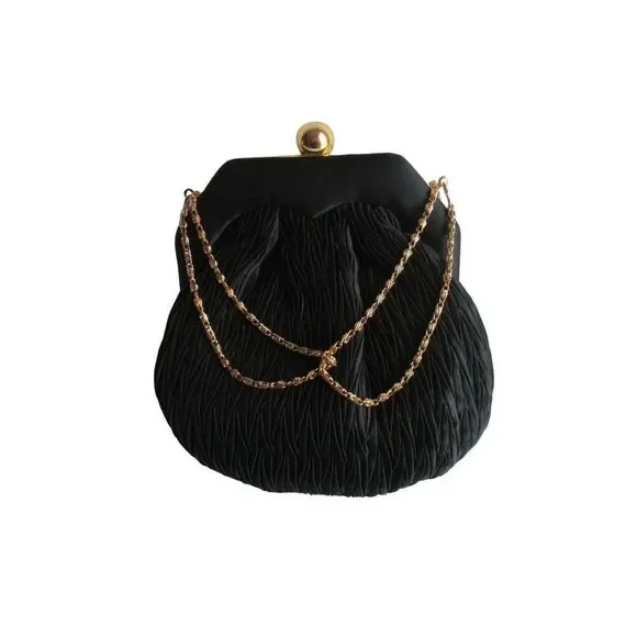 Shals Vintage Black Peau de Soie Clutch Pleated Evening Bag w Chain Strap - Picture 1 of 8